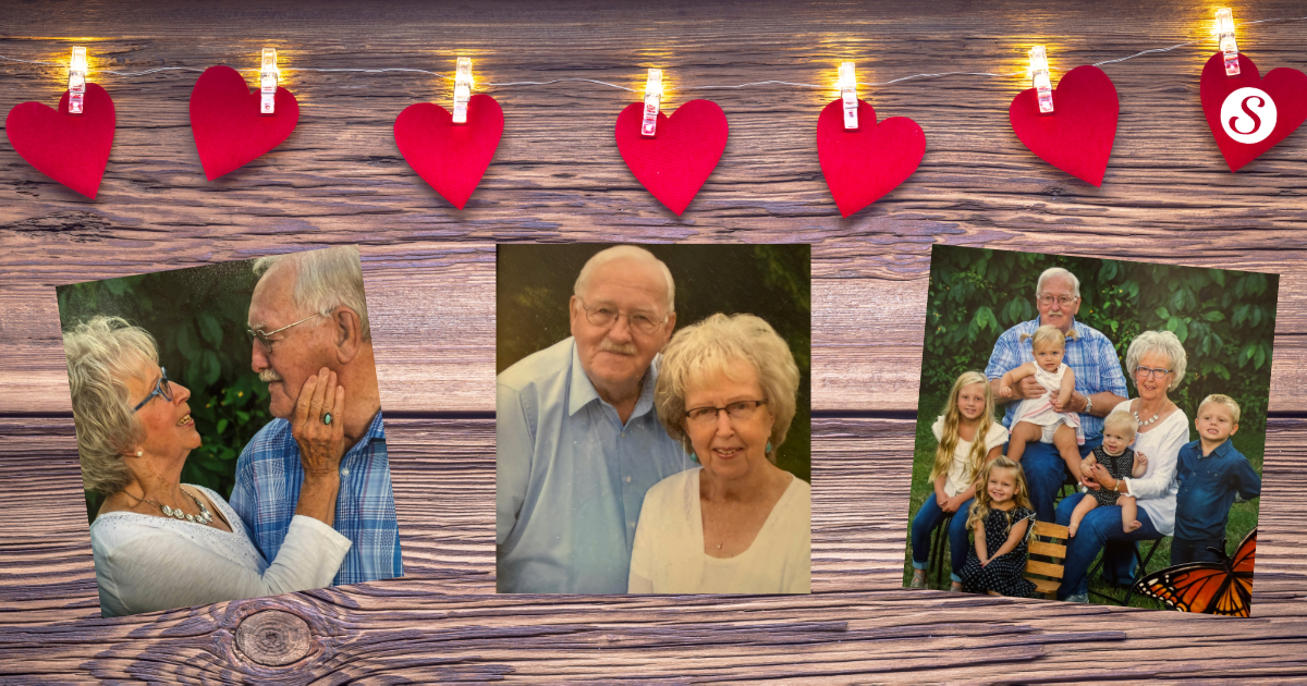 background with wood and hearts and photos of an elderly couple and their family