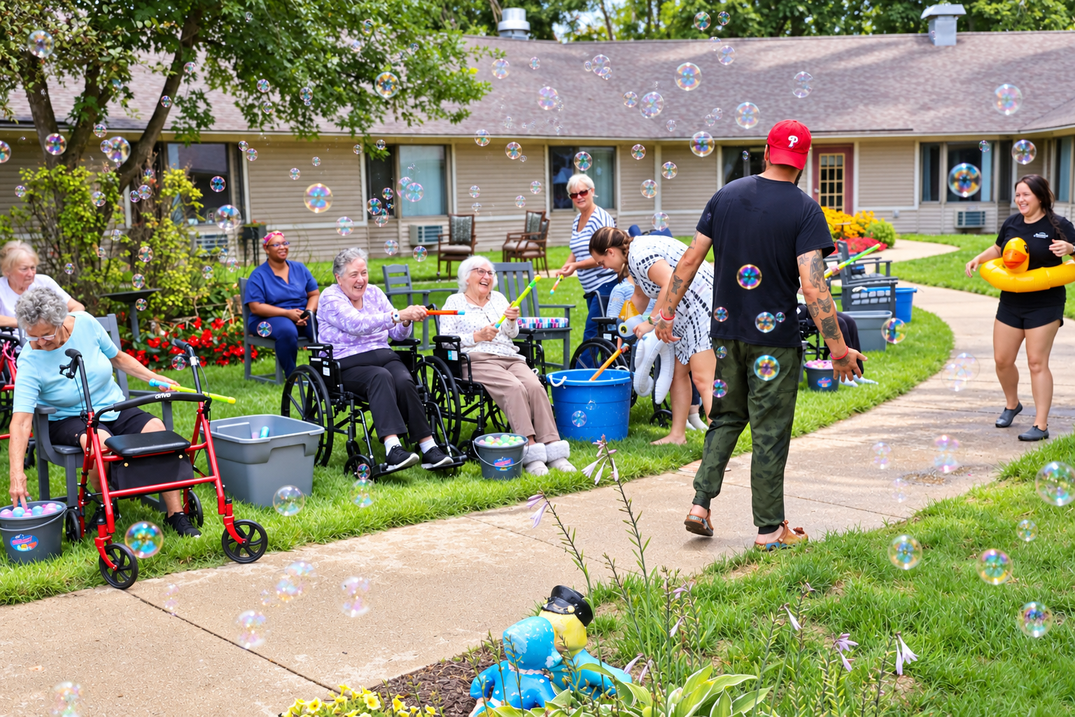 Residents soaking the staff in a courtyard on a sunny afternoon.